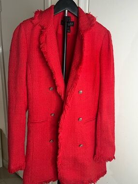 Rachel Zoe Vibrant Red Fringed Double-Breasted Tweed Blazer